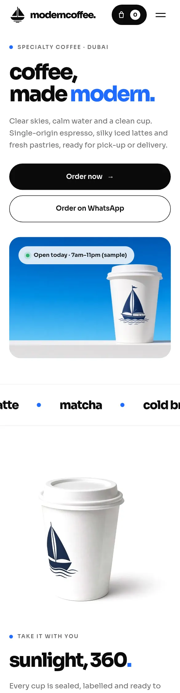 moderncoffee. homepage, a sample website we designed