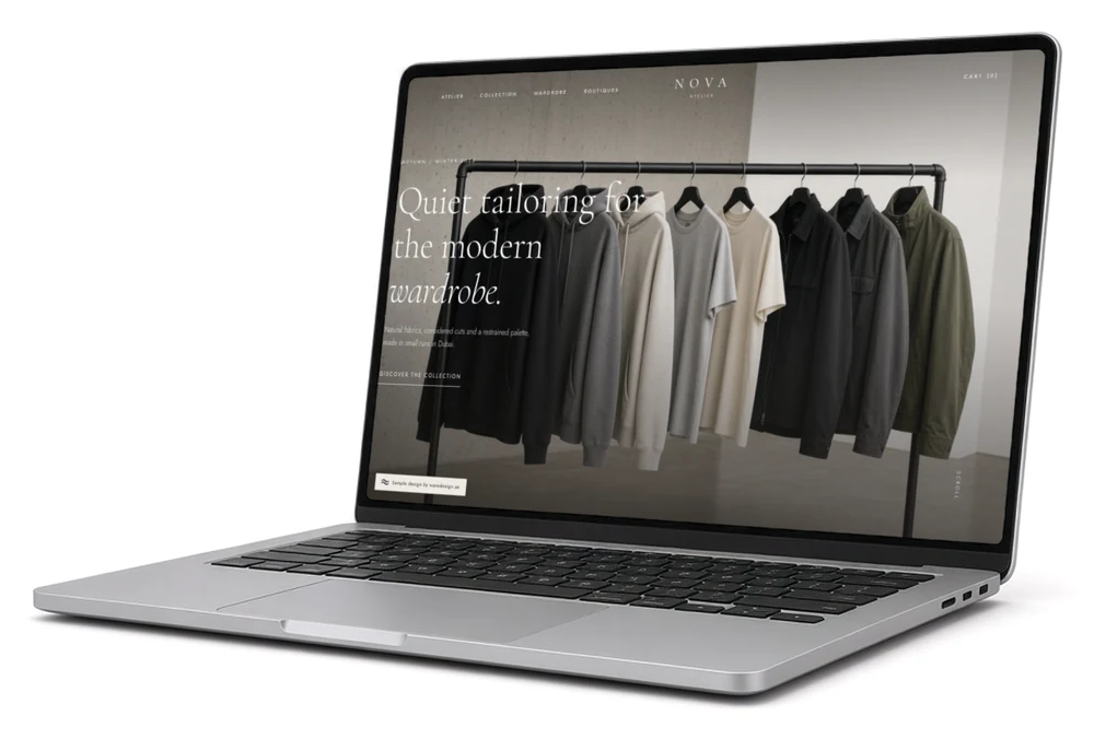 A MacBook showing a homepage concept for a menswear brand
